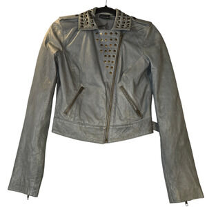Trouve Womens XS Leather Coat Jacket Grey Studded Moto Asymmetrical Zipper Biker